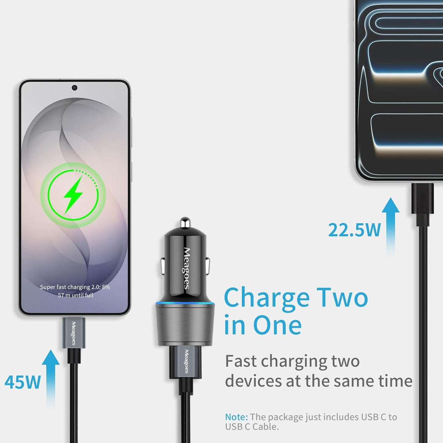 67.5W Gray Car Charger USB C Super Fast Charging, 45W USBC&QC3.0 Port Plug for Iphone 17 Pro Max/Air/16/15/Ipad, Samsung S26 Android Cell Phone, Dual 12V Cigarette Lighter Adapter+3.3 Ft Type C Cable