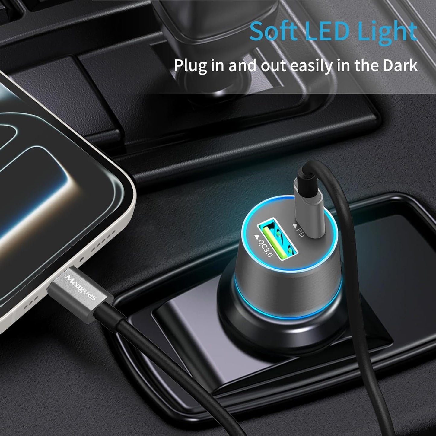67.5W Gray Car Charger USB C Super Fast Charging, 45W USBC&QC3.0 Port Plug for Iphone 17 Pro Max/Air/16/15/Ipad, Samsung S26 Android Cell Phone, Dual 12V Cigarette Lighter Adapter+3.3 Ft Type C Cable