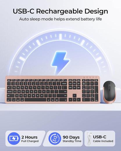 Wireless Keyboard and Mouse Combo, Rechargeable Quiet Keyboard Mouse, Sleek and Ultra Thin Design, Full-Size with Number Pad for Windows, Laptop, PC, Notebook, Desktop- Rose Gold & Black